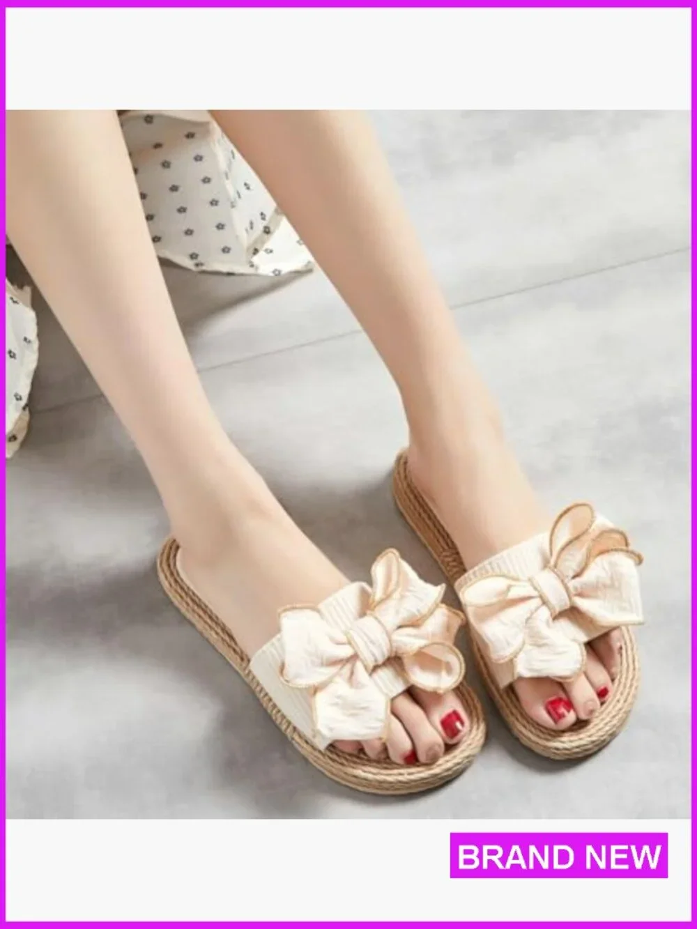 Straw Bow Flat Sandals Slide Slippers Summer Casual Outdoor Travel Dressy Chic